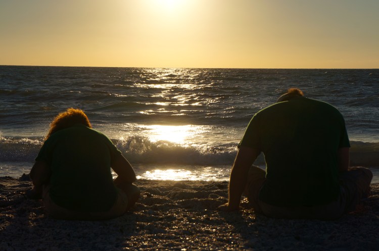 a couple looking for sharks teeth in the setting sun